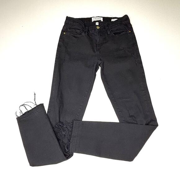 Frame Le Skinny De Jeanne Crop Black Jean Released Hem Frayed Jeans 25 - Picture 1 of 12